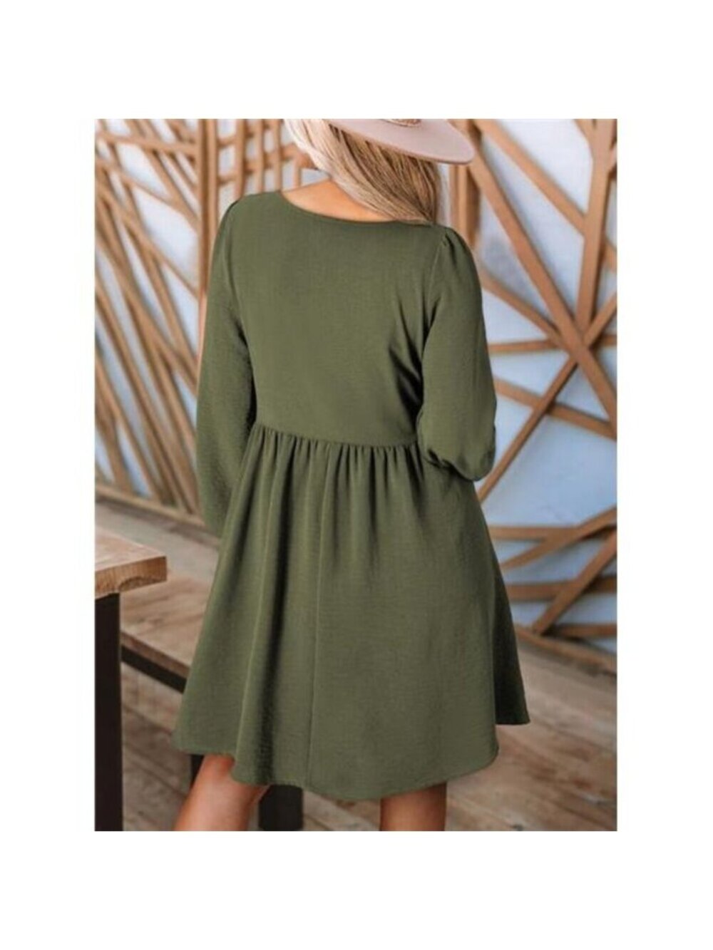 Womens 2025 Casual Dress Smocked Crewneck Button Up Long Sleeve Empire Green - Picture 2 of 4